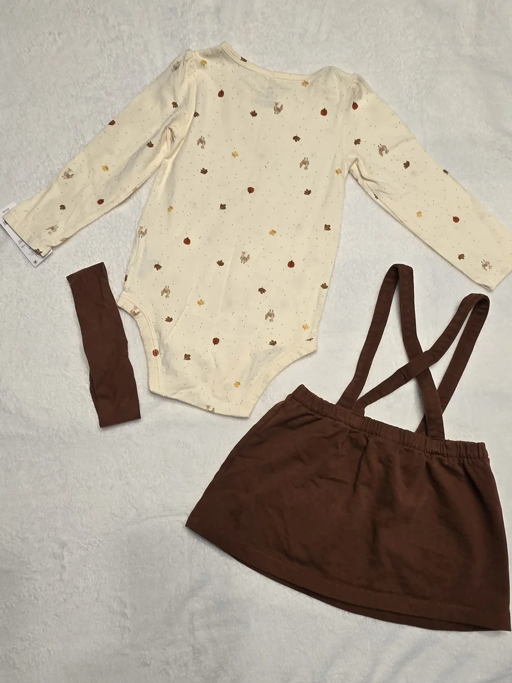 Carter's Cream Long-Sleeve Top with Brown Suspender Skirt and Brown Headband
